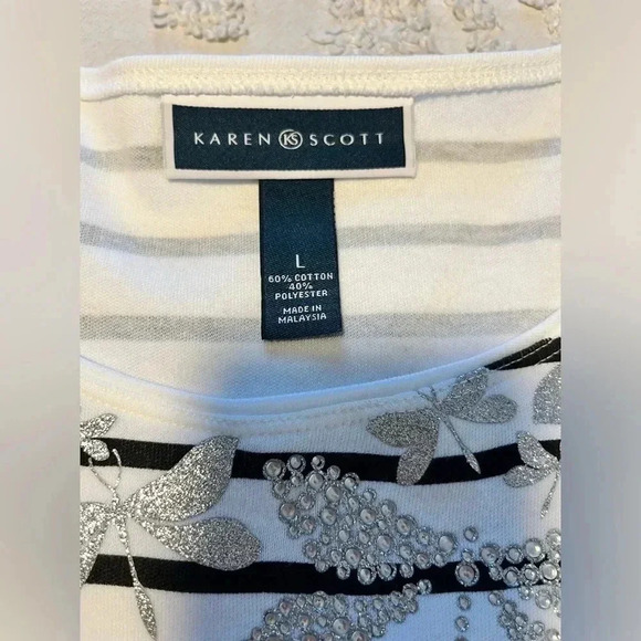 Karen Scott Womens Striped Embellished T Shirt - Picture 3 of 5